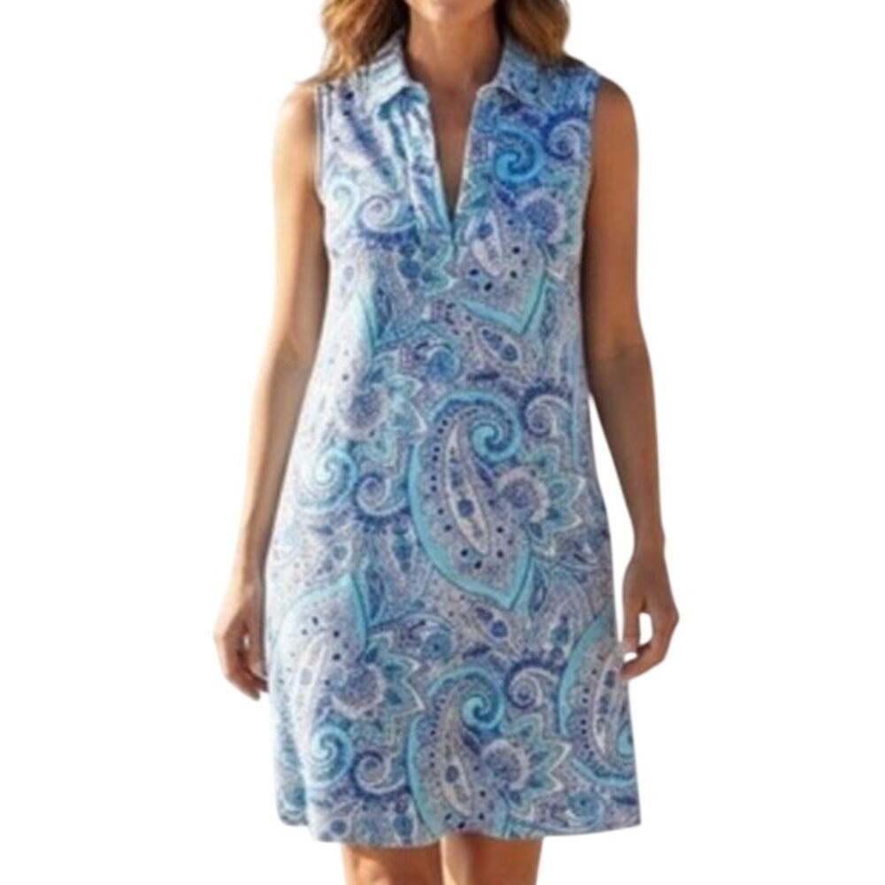 Cynthia Rowley Paisley Linen Mini Shift Dress Sleeveless Collared V Neck Blue 12